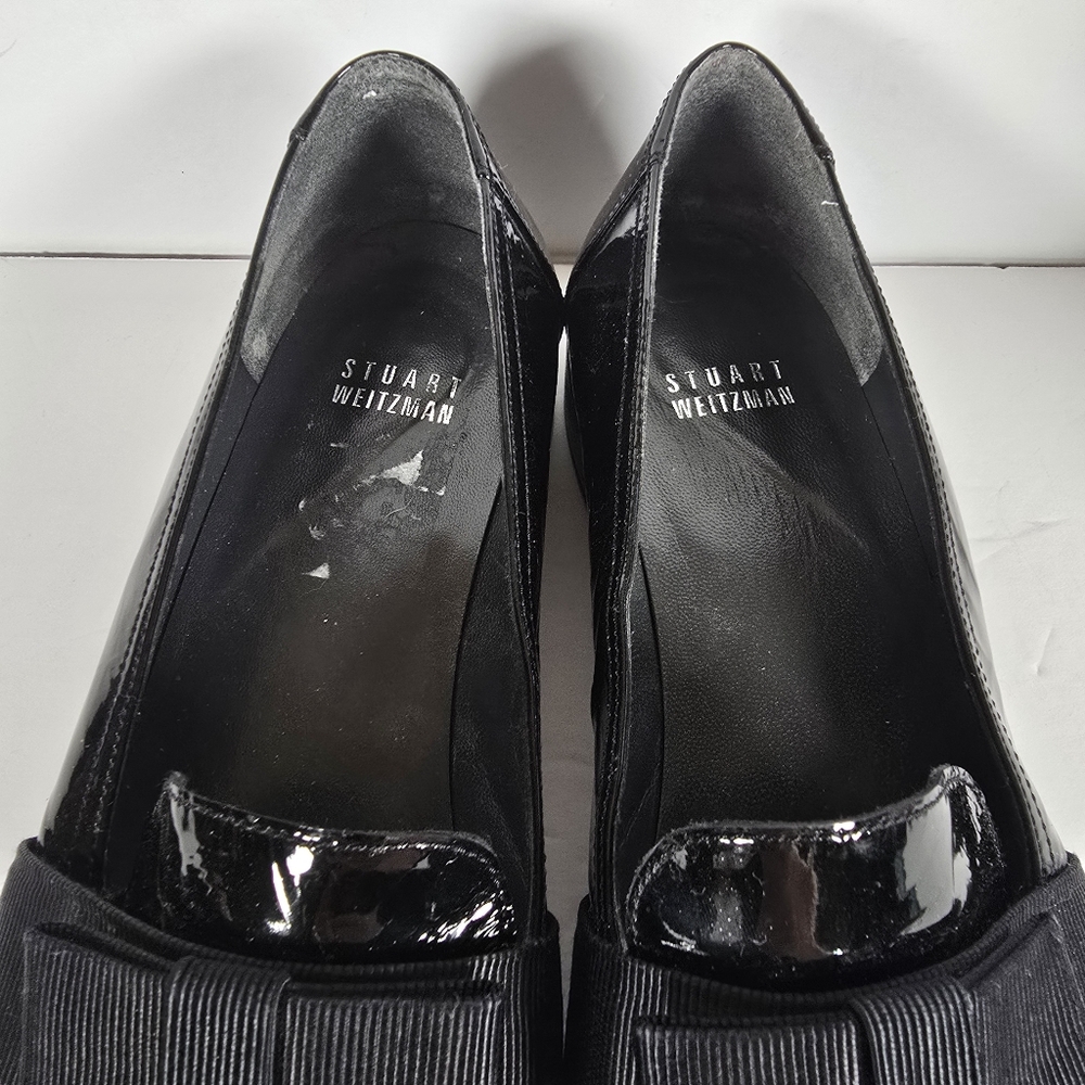 Stuart Weitzman Black Payent Leather With Grosgrain Ribbon Detail Loafers Size 8 - Picture 3 of 8
